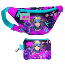 Coral High Kız Çocuk Mor Pembe Anime Kedi Desenli Bel Çantası ve Bozuk Para Cüzdanı Set