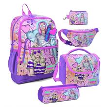 Coral High Kız Çocuk Pembe Mor Fashion Girl Desenli Beşli İlkokul Okul Çanta Seti