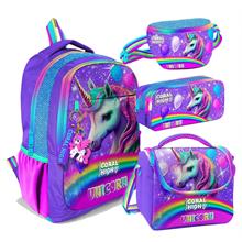 Coral High Mor Simli Unicorn Desenli Kız Çocuk Dörtlü Okul Çanta Seti - İlkokul ve Ortaokul İçin Uygun