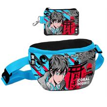 Coral High Erkek Çocuk Siyah Mavi Anime Desenli Bel Çantası ve Bozuk Para Cüzdanı Set