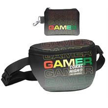 Coral High Erkek Çocuk Siyah Gri Gamer Desenli Bel Çantası ve Bozuk Para Cüzdanı Set