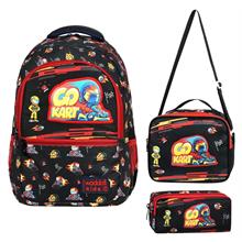 Waddellbag Siyah Kırmızı Go Kart Erkek Çocuk Üçlü İlkokul Çanta Seti