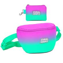 Coral High Kız Çocuk Pembe Su Yeşili Renk Geçişli Desenli Bel Çantası ve Bozuk Para Cüzdanı Set