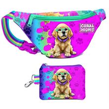 Coral High Kız Çocuk Mor Pembe Köpek Desenli Bel Çantası ve Bozuk Para Cüzdanı Set