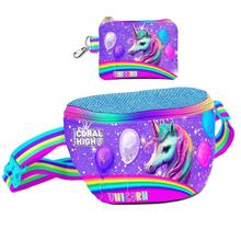 Coral High Kız Çocuk Mor Simli Unicorn Desenli Bel Çantası ve Bozuk Para Cüzdanı Set