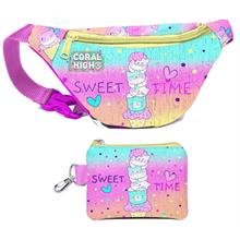 Coral High Kız Çocuk Renkli Dondurmalı Kedi Desenli Bel Çantası ve Bozuk Para Cüzdanı Set