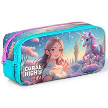 Coral High Kız Çocuk Turkuaz Prenses ve Unicorn Baskılı Okul Kalem Çantası - İki Gözlü