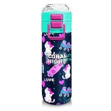 Coral High Kız Çocuk İçin 500 ml lik Paslanmaz Çelik Termos/Suluk - Lacivert Pembe Kedili Paten Desenli