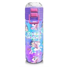 Coral High 500 ml Kız Çocuk Pipetli Termos/Matara - Mor Pembe Unicorn Deniz Kızı Desenli - Çift Kullanım Özelliği