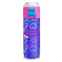 Coral High 500 ml Pipetli ve Direkt İçim Çelik Termos/Matara - Kız Çocuk -  Açık Pembe Lavanta Kalp Desenli