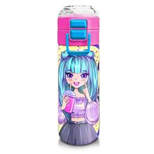 Coral High Kız Çocuk İçin 500 ml lik Paslanmaz Çelik Termos/Suluk - Mor Pembe Anime Kız Desenli