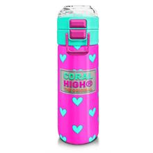 Coral High 500 ml Kız Çocuk Pipetli Termos/Matara - Neon Pembe Su Yeşili Kalp Desenli - Çift Kullanım Özelliği