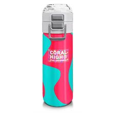 Coral High 500 ml Kız Çocuk Pipetli Termos/Matara - Neon Mercan Turuncu Desenli - Çift Kullanım Özelliği