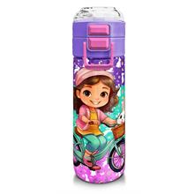 Coral High Kız Çocuk İçin 500 ml lik Paslanmaz Çelik Termos/Suluk - Mor Pembe Bisikletli Kız Desenli