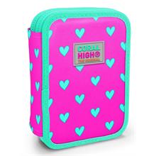 Coral High Organizer İki Katlı Kalem Çantası - Yeşil Pembe Kalp Desenli, Kız Çocuk, Yeşil Pembe Kalp Desenli