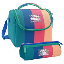 Coral High Kız Çocuk Yeşil Mavi Pembe Renkli Çizgili Thermo Beslenme Çantası ve Üç Bölmeli Kalemlik Seti