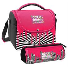 Coral High Kız Çocuk Pembe Siyah Beyaz Boya Desenli Thermo Beslenme Çantası ve Üç Bölmeli Kalemlik Seti