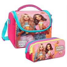 Coral High Kız Çocuk Pembe Kırmızı Fashion Girl Thermo Beslenme Çantası ve İki  Bölmeli Kalemlik Seti