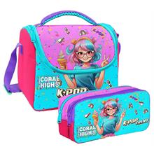 Coral High Kız Çocuk Pembe K-Pop Dondurmalı Kız Thermo Beslenme Çantası ve İki Bölmeli Kalemlik Seti