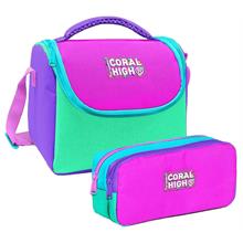 Coral High Kız Çocuk Pembe Yeşil Çok Renkli Thermo Beslenme Çantası ve İki Bölmeli Kalemlik Seti