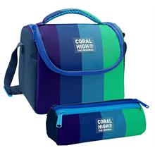 Coral High Erkek Çocuk Lacivert Yeşil Renkli Çizgili Thermo Beslenme Çantası ve Üç Bölmeli Kalemlik Seti