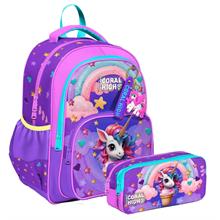 Coral High İlkokul Sırt Çantası ve İki Bölmeli Kalemlik - Kız Çocuk - Mor Pembe Dondurma Unicorn