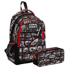 Coral High Üç Bölmeli İlkokul Sırt Çantası ve İki Bölmeli Kalemlik - Erkek Çocuk - Siyah