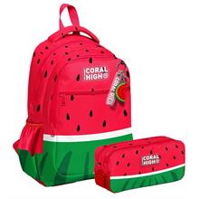 Coral High Üç Bölmeli İlkokul Sırt Çantası ve İki Bölmeli Kalemlik - Erkek Çocuk - Kırmızı Yeşil Karpuz
