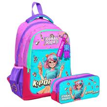 Coral High Üç Bölmeli İlkokul Sırt Çantası ve İki Bölmeli Kalemlik - Kız Çocuk - Pembe K-Pop Dondurmalı Kız