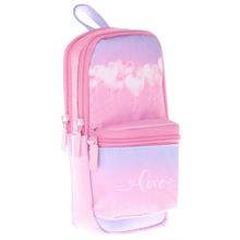 Kaukko Çanta Şekilli Kız Çocuk Üç Bölmeli Kalemlik - Pembe - Balon ve Love Baskılı - K2451