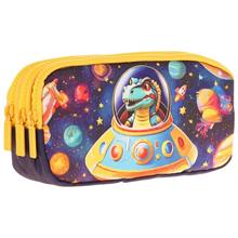 Kaukko Kids Sarı Siyah, Astronot Dinazor, Erkek Çocuk Üç Bölmeli Kalemlik/Kalem Çantası - L8273