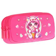Kaukko Kids Fuşya, Dondurma Yiyen Kedi, Kız Çocuk Üç Gözlü Okul Kalem Çantası - L8250