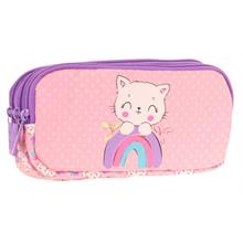 Kaukko Kids Pembe Mor, Kedili, Kız Çocuk Üç Gözlü Okul Kalem Çantası - L8241