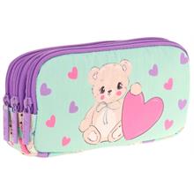 Kaukko Kids Yeşil Mor, Sevimli Ayıcık, Kız Çocuk Üç Gözlü Okul Kalem Çantası - L8239