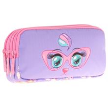 Kaukko Kids Üç Bölmeli Pembe Lila, Gözlüklü Kedi Baskılı, Kız Çocuk Okul Kalemliği - L8236