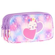 Kaukko Kids Üç Bölmeli Mor Pembe, Sevimli Kedi Baskılı, Kız Çocuk Okul Kalemliği - L8219