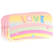 Kaukko Kids Üç Bölmeli Sarı Çok Renkli, Simli Pullu Love, Kız Çocuk Okul Kalem Çantası - L8214