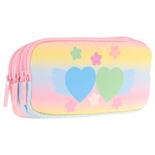 Kaukko Kids Üç Bölmeli Sarı Pembe, Kalp ve Çiçekler, Kız Çocuk Okul Kalem Çantası - L8213
