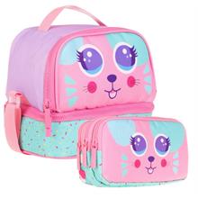 Kaukko İki Bölmeli Isı Yalıtımlı Beslenme + Kalemlik Seti (Kedi Desenli ) (Pembe Yeşil)