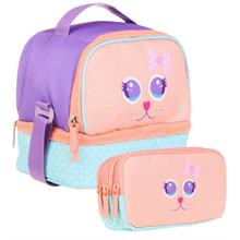 Kaukko İki Bölmeli Isı Yalıtımlı Beslenme + Kalemlik Seti (Kedi Desenli ) (Pembe Turkuaz)