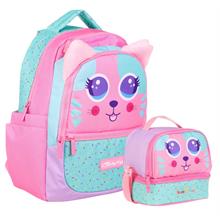 Kaukko Kids Sevimli Kedi Şekilli Kız Çocuk Okul Çantası ve Beslenme Çantası Seti - Pembe Yeşil