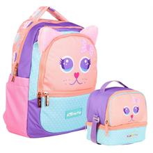 Kaukko Kids Sevimli Kedi Şekilli Kız Çocuk Okul Çantası ve Beslenme Çantası Seti - Pembe Turkuaz