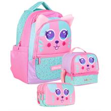 Kaukko Kids Kız Çocuk Üçlü İlkokul 1.2.3.4. Sınıf Okul Çanta Seti - Sevimli Kedi Şekilli - Pembe Yeşil
