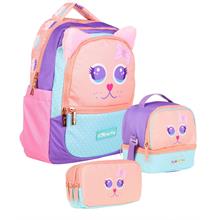 Kaukko Kids Kız Çocuk Üçlü İlkokul 1.2.3.4. Sınıf Okul Çanta Seti - Sevimli Kedi Şekilli - Pembe Turkuaz