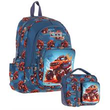Kaukko Kids Arazi Aracı Erkek Çocuk Yeşil Kırmızı Okul Çantası ve Beslenme Çanta Takımı