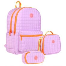 Kaukko Quilted Mor Turuncu Kapitone Üçlü Okul Çantası Seti - Kız Çocuk