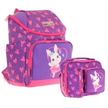Kaukko L5246+L7246 Okul Sırt Çantası + Beslenme Çantası Seti - Mor Pembe - Kalpli Tavşan - Kız Çocuk