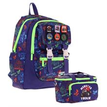 Kaukko L5279+L7279 Erkek Çocuk İkili Okul Çantası ve Beslenme Çantası Seti - Lacivert Yeşil - Armalı Kamyon Desenli