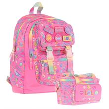 Kaukko L5237+L7237 Kız Çocuk İkili Okul Çantası ve Beslenme Çantası Seti - Pembe - Armalı Yazı Desenli