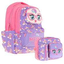Kaukko Kız Çocuk 3D Kedi Şekilli Mor Pembe Okul Sırt Çantası ve Isı Yalıtımlı Beslenme Çantası Seti
